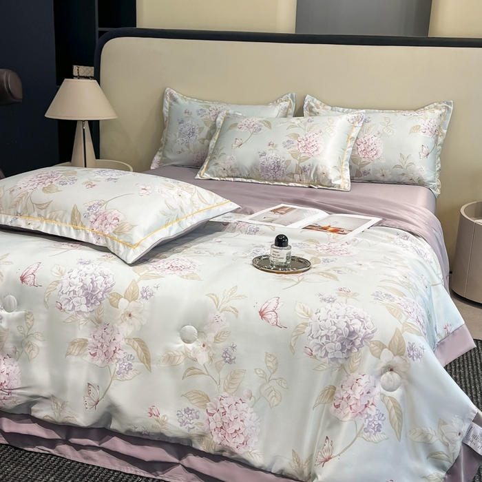 91家纺网 家纺一手货源 找家纺 佳品居 2025新款直播水洗天丝夏被冰丝夏凉被空调被四件套 绣球