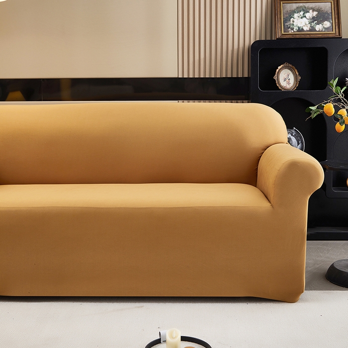 91家纺网 家纺一手货源 找家纺 共鸣沙发套 新款牛奶丝覆膜防水纯色系列沙发套 焦糖色