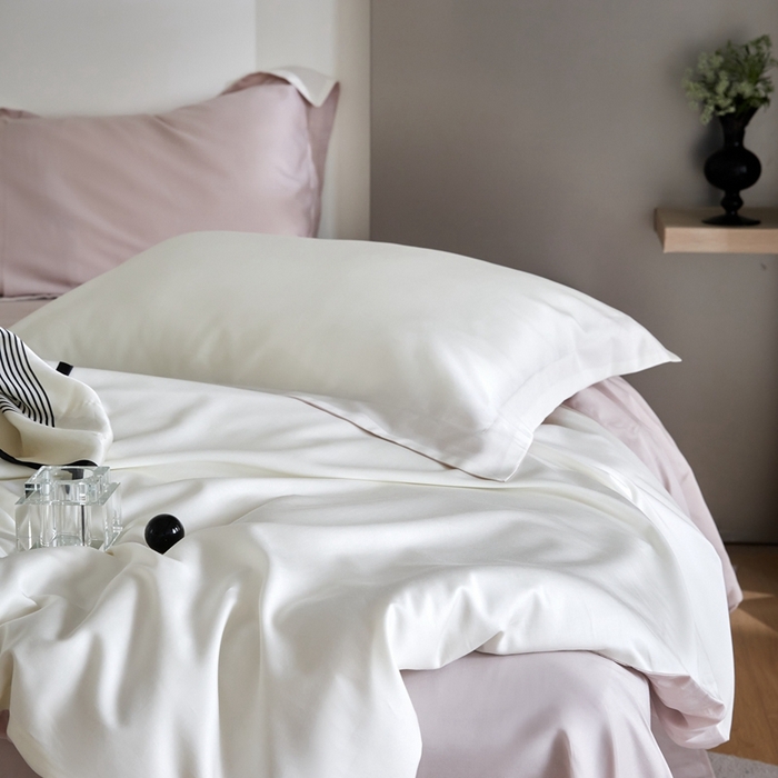 91家纺网 家纺一手货源 找家纺 金奇达2025新款【可芙】-轻氧水光天丝棉四件套（标准号全网控价（折后券后）不低于238元） 可芙-白+粉