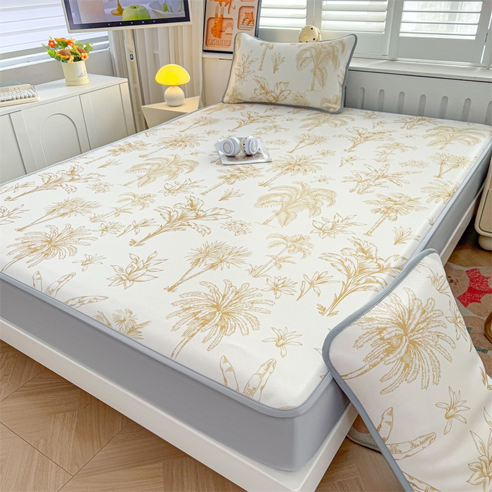 91家纺网 家纺一手货源 找家纺 雯豆家纺 2025夏季新品碳光冰丝凉席床笠款三件套印花小清新绑带冰丝席床罩 碳光冰丝席-床笠款-千枝叶