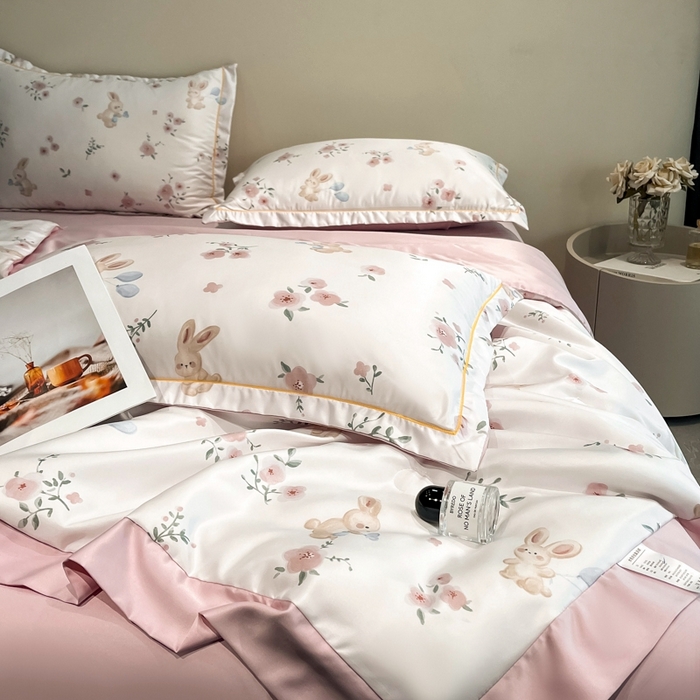 91家纺网 家纺一手货源 找家纺 佳品居 2025新款直播水洗天丝夏被冰丝夏凉被空调被四件套 花晨兔