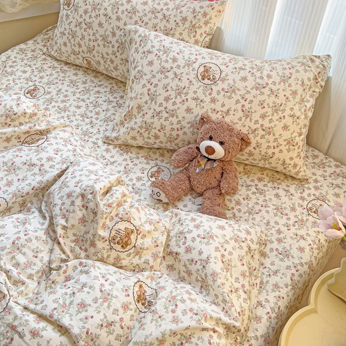 91家纺网 家纺一手货源 找家纺 棉生活家纺 2025新款ins全棉小清新系列四件套 清茶小熊