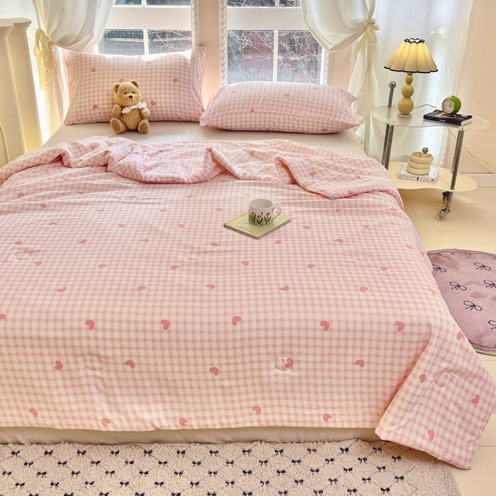 91家纺网 家纺一手货源 找家纺 星巴k家纺 2025糯糯棉A类大豆蛋白纤维夏凉被双层纱水洗棉夏被大豆被 粉格爱心