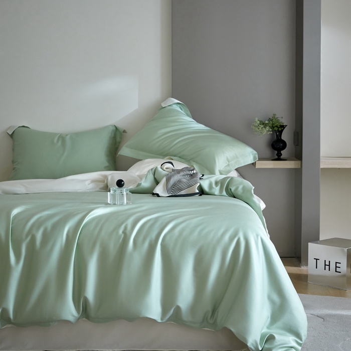 91家纺网 家纺一手货源 找家纺 金奇达2025新款【可芙】-轻氧水光天丝棉四件套（标准号全网控价（折后券后）不低于238元） 可芙-绿+白