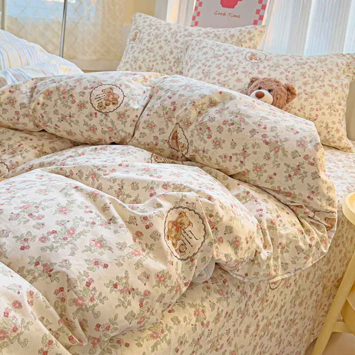 91家纺网 家纺一手货源 找家纺 棉生活家纺 2025新款ins全棉小清新系列四件套 清茶小熊