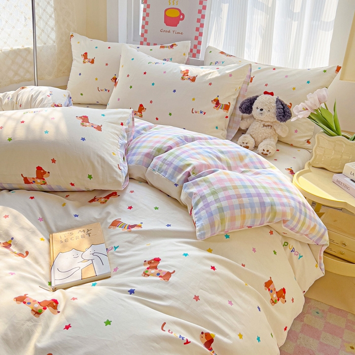 91家纺网 家纺一手货源 找家纺 棉生活家纺 2025新款ins全棉小清新系列四件套 狗狗联盟