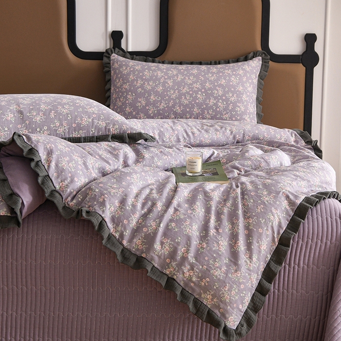 91家纺网 家纺一手货源 找家纺 金艾草2026新款A类纯棉双层纱皱皱纱花边床盖四件套（复古风） 花奴-床盖款