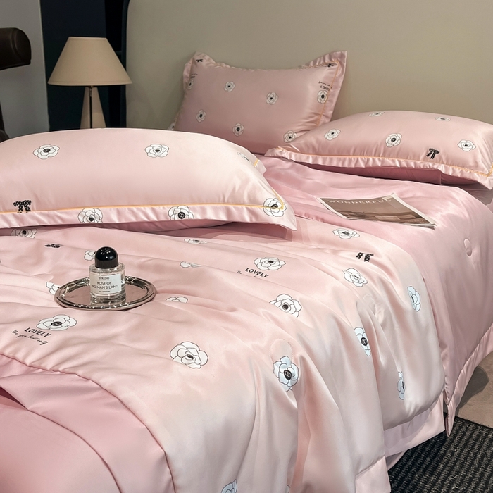 91家纺网 家纺一手货源 找家纺 佳品居 2025新款直播水洗天丝夏被冰丝夏凉被空调被四件套 香格丽粉