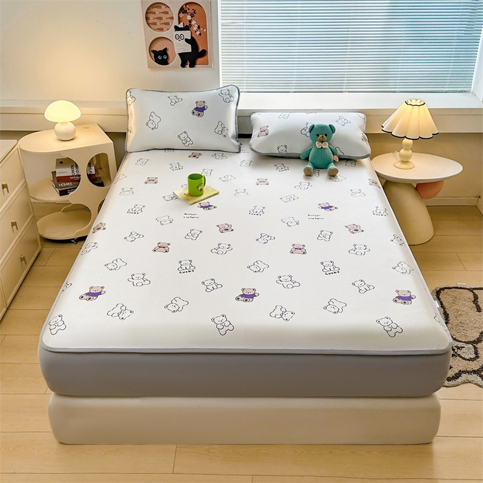 91家纺网 家纺一手货源 找家纺 雯豆家纺 2025夏季新品冰藤印花床笠三件套加厚冰丝软藤席小清新印花床罩单件 冰藤席-床笠款-米洛熊