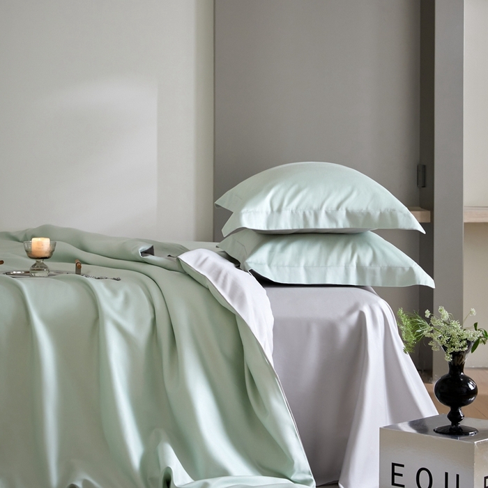 91家纺网 家纺一手货源 找家纺 金奇达2025新款【可芙】-轻氧水光天丝棉四件套（标准号全网控价（折后券后）不低于238元） 可芙-绿+灰