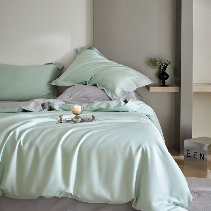 91家纺网 家纺一手货源 找家纺 金奇达2025新款【可芙】-轻氧水光天丝棉四件套（标准号全网控价（折后券后）不低于238元） 可芙-绿+灰