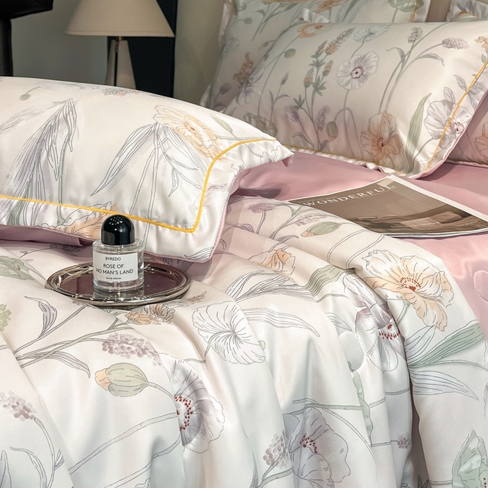 91家纺网 家纺一手货源 找家纺 佳品居 2025新款直播水洗天丝夏被冰丝夏凉被空调被四件套 兮颜粉