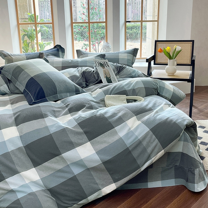 91家纺网 家纺一手货源 找家纺 喜四方 2025新款全棉色织水洗棉四件套 米夕大格-灰