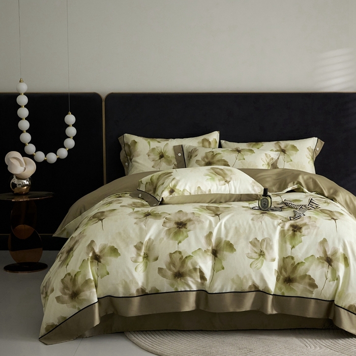 91家纺网 家纺一手货源 找家纺 金奇达2025新款【浮光花漾】-茧养莱赛尔四件套（标准号全网控价（折后券后）不低于258元） 南栀-古绿