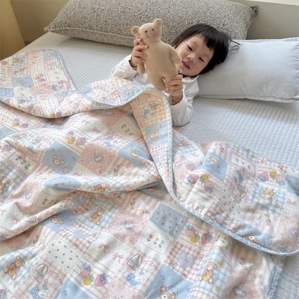 暖生活 2025新款儿童全棉双层纱夏被被子被芯 粉格子