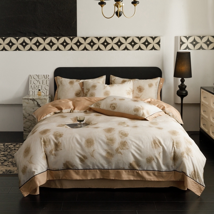 91家纺网 家纺一手货源 找家纺 金奇达2025新款【浮光半夏】-茧养莱赛尔四件套（标准号全网控价（折后券后）不低于258元） 满庭芳-松咖