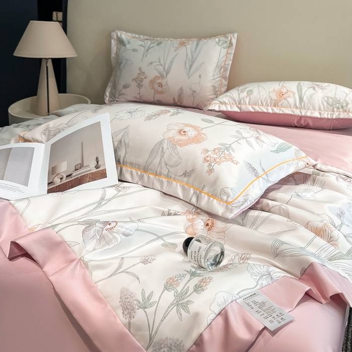 91家纺网 家纺一手货源 找家纺 佳品居 2025新款直播水洗天丝夏被冰丝夏凉被空调被四件套 兮颜粉