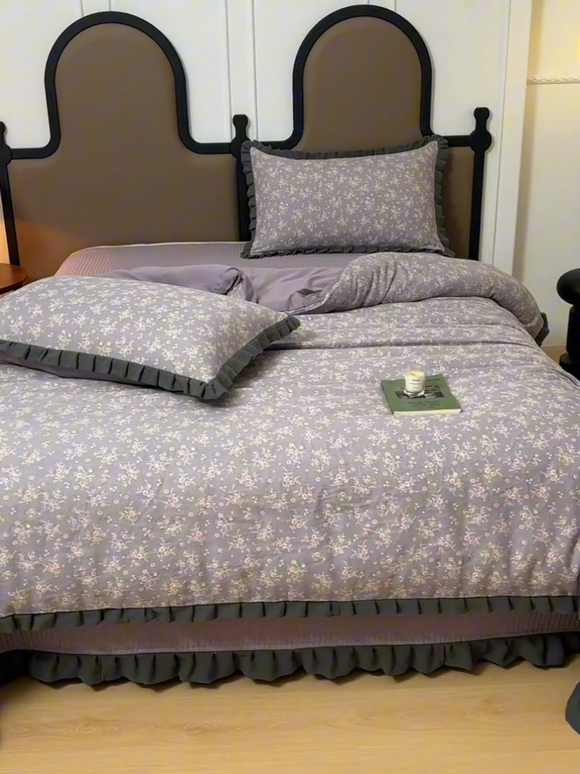 91家纺网 家纺一手货源 找家纺 金艾草2026新款A类纯棉双层纱皱皱纱花边床盖四件套（复古风） 花奴-床盖款