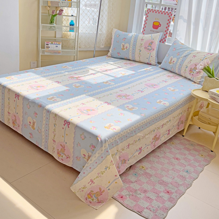 91家纺网 家纺一手货源 找家纺 棉生活家纺 2025新款ins全棉小清新系列单品床单 花丛兔