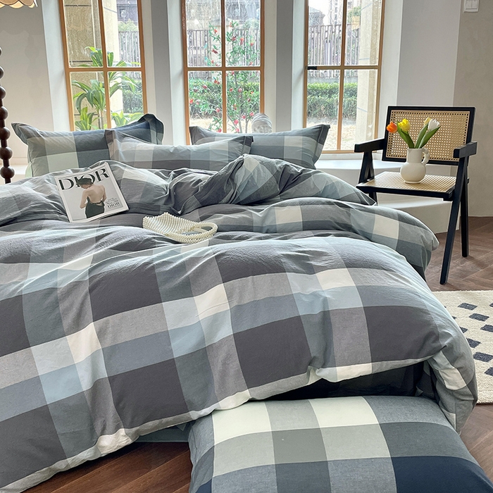 91家纺网 家纺一手货源 找家纺 喜四方 2025新款全棉色织水洗棉四件套 米夕大格-灰