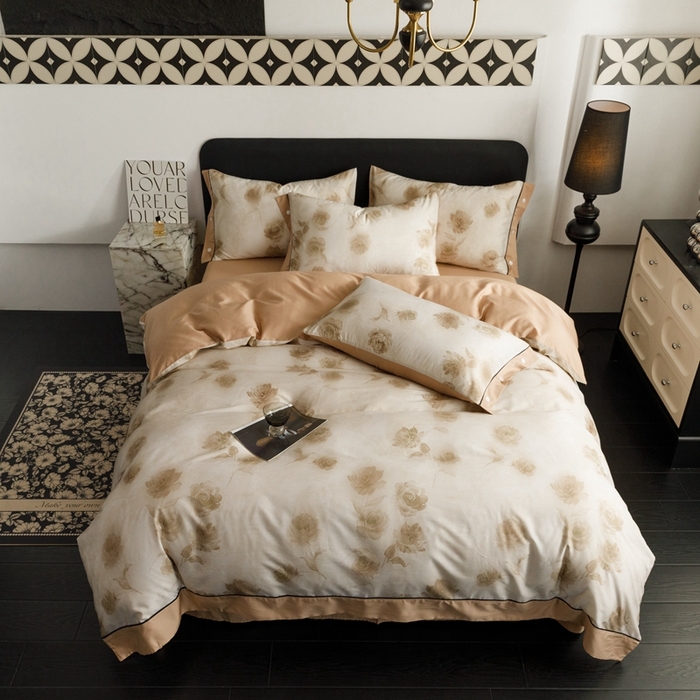 91家纺网 家纺一手货源 找家纺 金奇达2025新款【浮光半夏】-茧养莱赛尔四件套（标准号全网控价（折后券后）不低于258元） 满庭芳-松咖