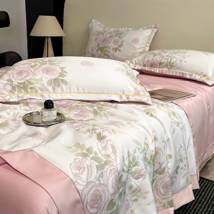 91家纺网 家纺一手货源 找家纺 佳品居 2025新款直播水洗天丝夏被冰丝夏凉被空调被四件套 悦色粉