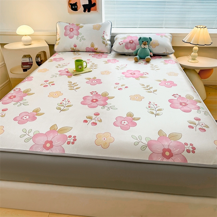 91家纺网 家纺一手货源 找家纺 雯豆家纺 2025夏季新品冰藤印花床笠三件套加厚冰丝软藤席小清新印花床罩单件 冰藤席-床笠款-梦人花香