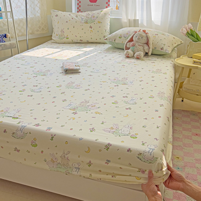 91家纺网 家纺一手货源 找家纺 棉生活家纺 2025新款ins全棉小清新系列单品床笠 月下小兔