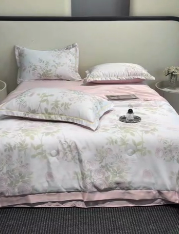 91家纺网 家纺一手货源 找家纺 佳品居 2025新款直播水洗天丝夏被冰丝夏凉被空调被四件套 悦色粉