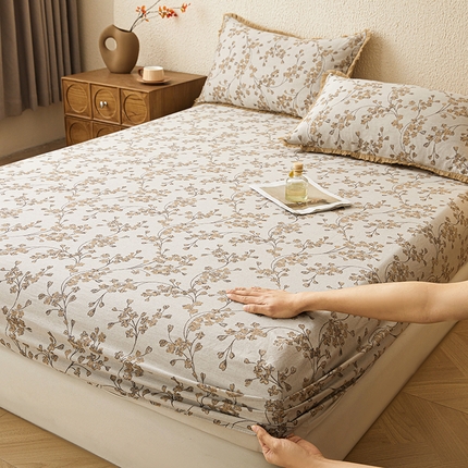 极简 2025新款全棉三层纱提花床笠 波西娅浅咖