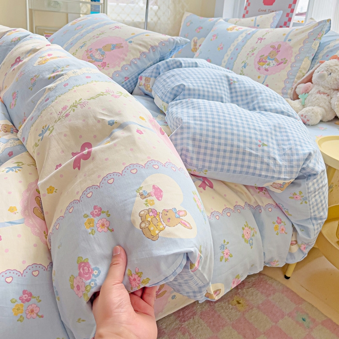 91家纺网 家纺一手货源 找家纺 棉生活家纺 2025新款ins全棉小清新系列四件套 花丛兔