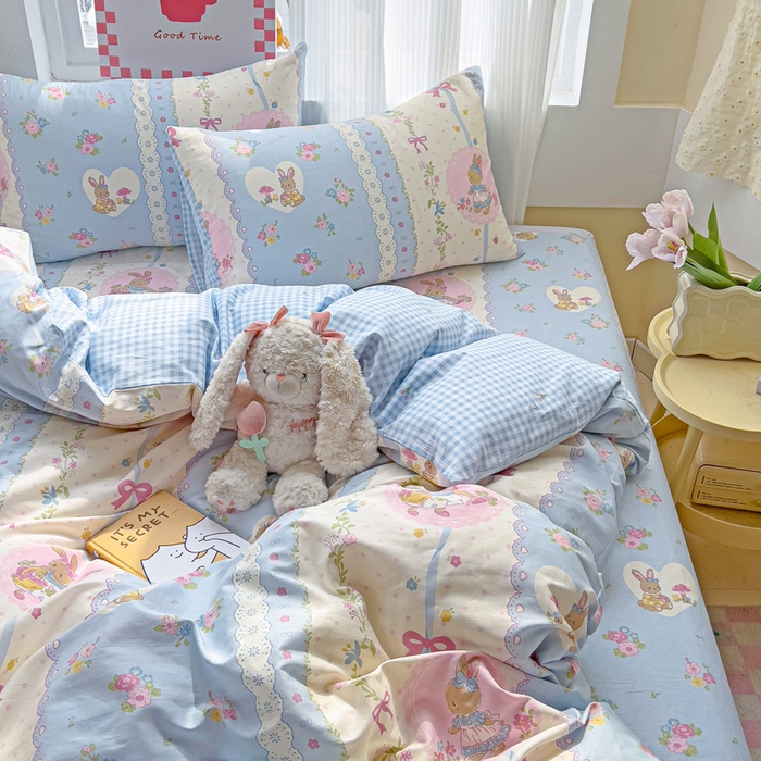 91家纺网 家纺一手货源 找家纺 棉生活家纺 2025新款ins全棉小清新系列四件套 花丛兔