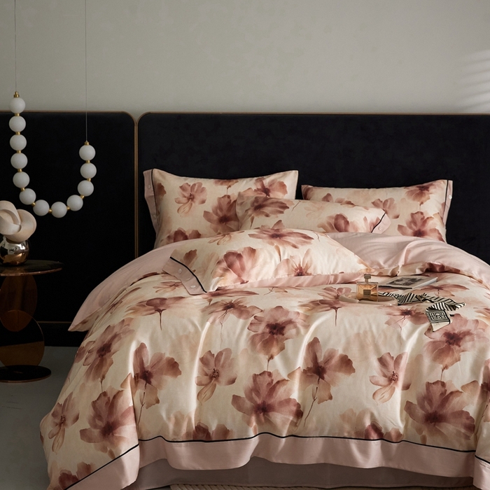 91家纺网 家纺一手货源 找家纺 金奇达2025新款【浮光花漾】-茧养莱赛尔四件套（标准号全网控价（折后券后）不低于258元） 南栀-卓雅粉