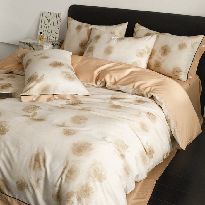 91家纺网 家纺一手货源 找家纺 金奇达2025新款【浮光半夏】-茧养莱赛尔四件套（标准号全网控价（折后券后）不低于258元） 满庭芳-松咖