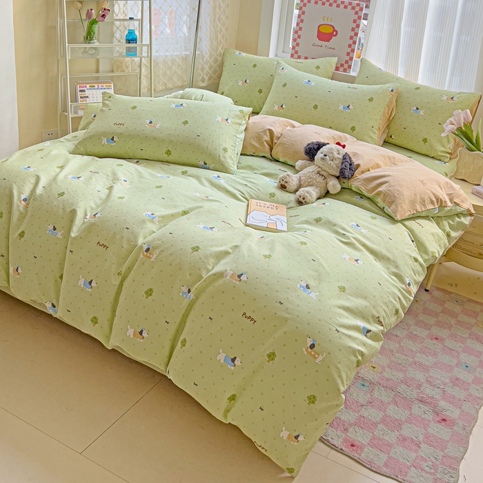 91家纺网 家纺一手货源 找家纺 棉生活家纺 2025新款ins全棉小清新系列四件套 嗨皮狗狗