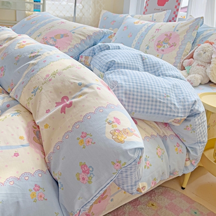 棉生活家纺 2025新款ins全棉小清新系列四件套 花丛兔