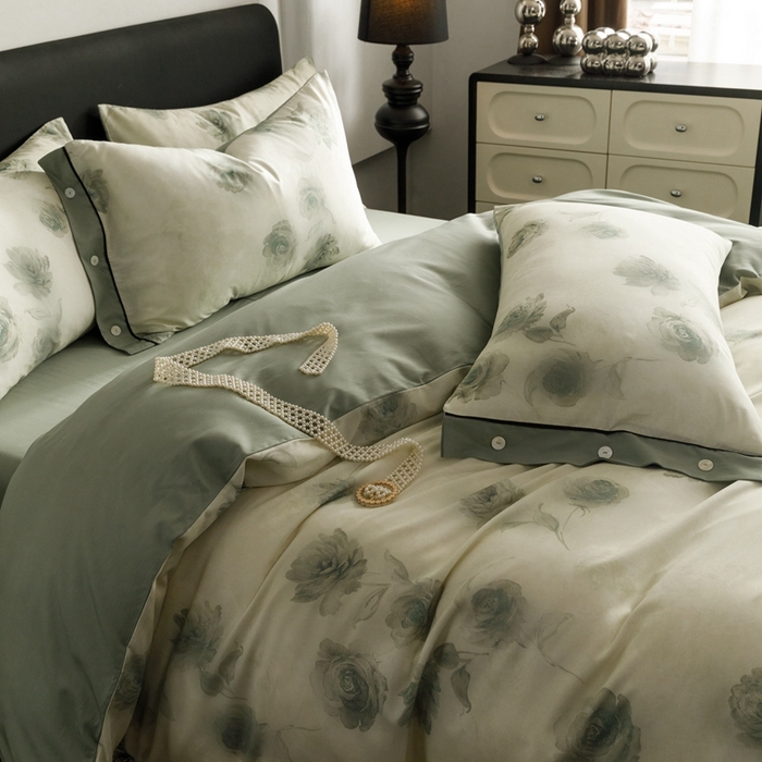 91家纺网 家纺一手货源 找家纺 金奇达2025新款【浮光半夏】-茧养莱赛尔四件套（标准号全网控价（折后券后）不低于258元） 满庭芳-松绿