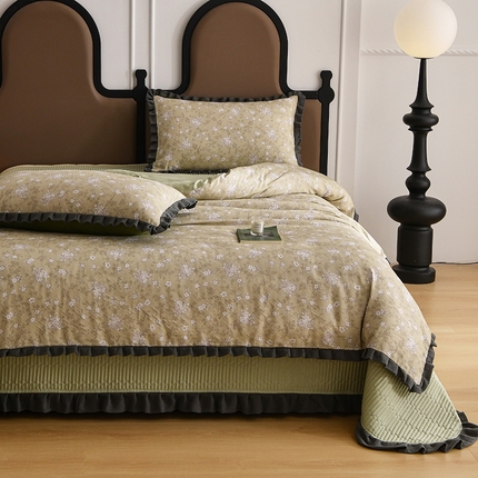 91家纺网 家纺一手货源 找家纺 （总）金艾草2026新款A类纯棉双层纱皱皱纱花边床盖四件套（复古风）