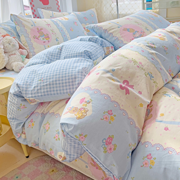 91家纺网 家纺一手货源 找家纺 棉生活家纺 2025新款ins全棉小清新系列四件套 花丛兔