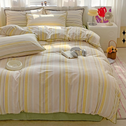 91家纺网 家纺一手货源 找家纺 艾咪 新款贝壳边全棉色织水洗棉四件套三件套 贝壳边西蒙黄