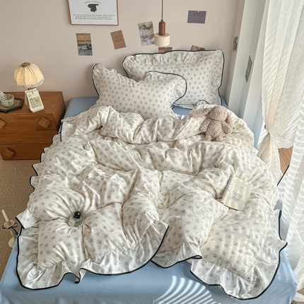 麦瑞家纺 2025新款A类韩版花边针织双层纱四件套 蔚蓝