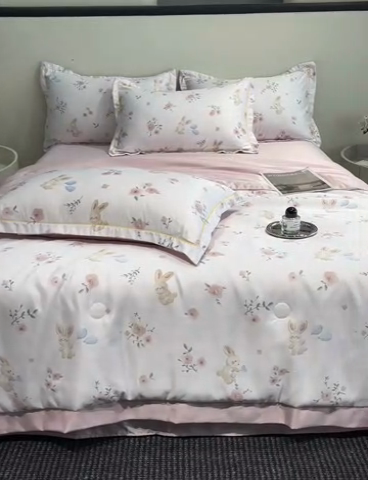 91家纺网 家纺一手货源 找家纺 佳品居 2025新款直播水洗天丝夏被冰丝夏凉被空调被四件套 花晨兔