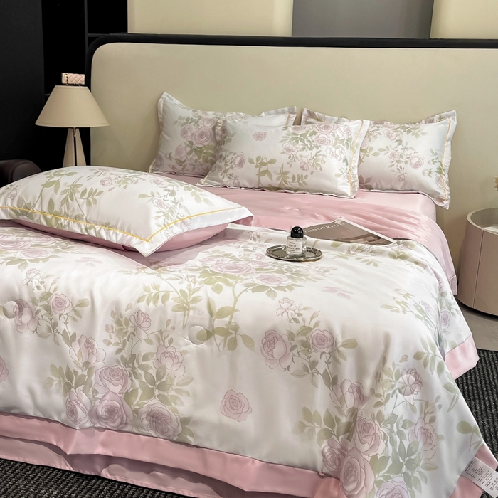 91家纺网 家纺一手货源 找家纺 佳品居 2025新款直播水洗天丝夏被冰丝夏凉被空调被四件套 悦色粉