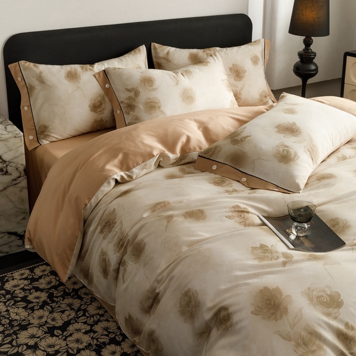 91家纺网 家纺一手货源 找家纺 金奇达2025新款【浮光半夏】-茧养莱赛尔四件套（标准号全网控价（折后券后）不低于258元） 满庭芳-松咖