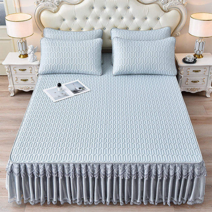 91家纺网 家纺一手货源 找家纺 诺梵 2025新款可拆卸乳胶凉席三件套床裙款 可拆蓝灰