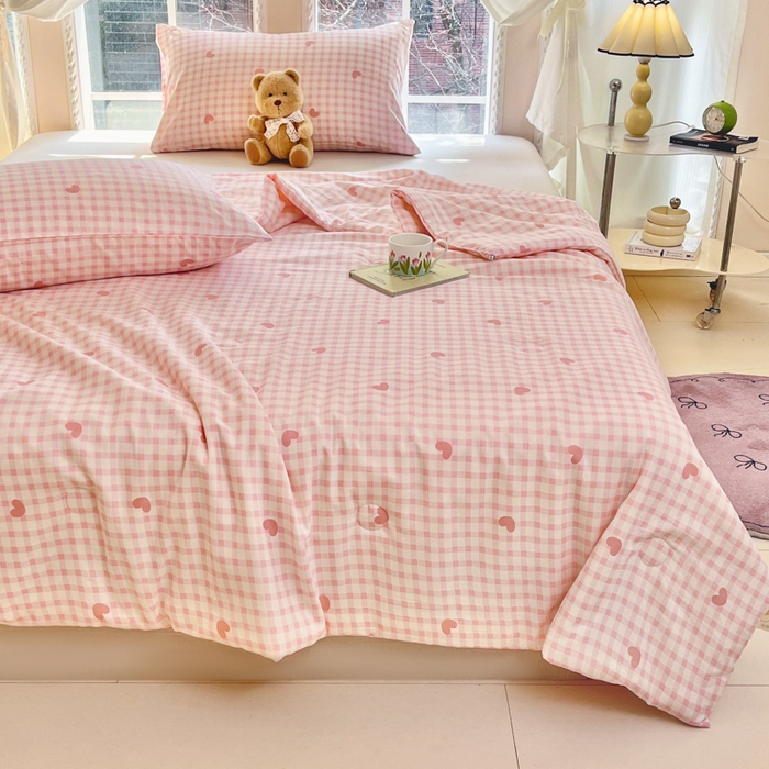 91家纺网 家纺一手货源 找家纺 星巴k家纺 2025糯糯棉A类大豆蛋白纤维夏凉被双层纱水洗棉夏被大豆被 粉格爱心