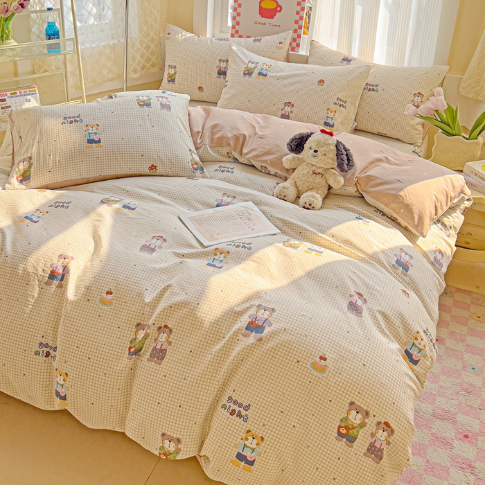 91家纺网 家纺一手货源 找家纺 棉生活家纺 2025新款ins全棉小清新系列四件套 小熊系铃