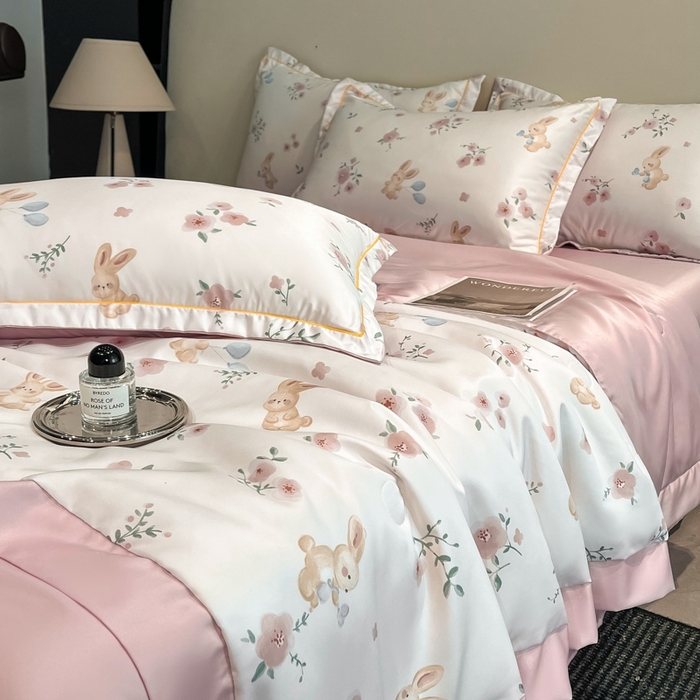 91家纺网 家纺一手货源 找家纺 佳品居 2025新款直播水洗天丝夏被冰丝夏凉被空调被四件套 花晨兔