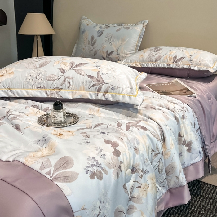 91家纺网 家纺一手货源 找家纺 佳品居 2025新款直播水洗天丝夏被冰丝夏凉被空调被四件套 羽叶