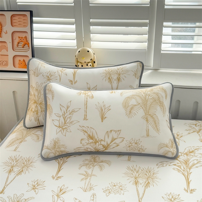 91家纺网 家纺一手货源 找家纺 雯豆家纺 2025夏季新品碳光冰丝凉席床笠款三件套印花小清新绑带冰丝席床罩 碳光冰丝席-床笠款-千枝叶